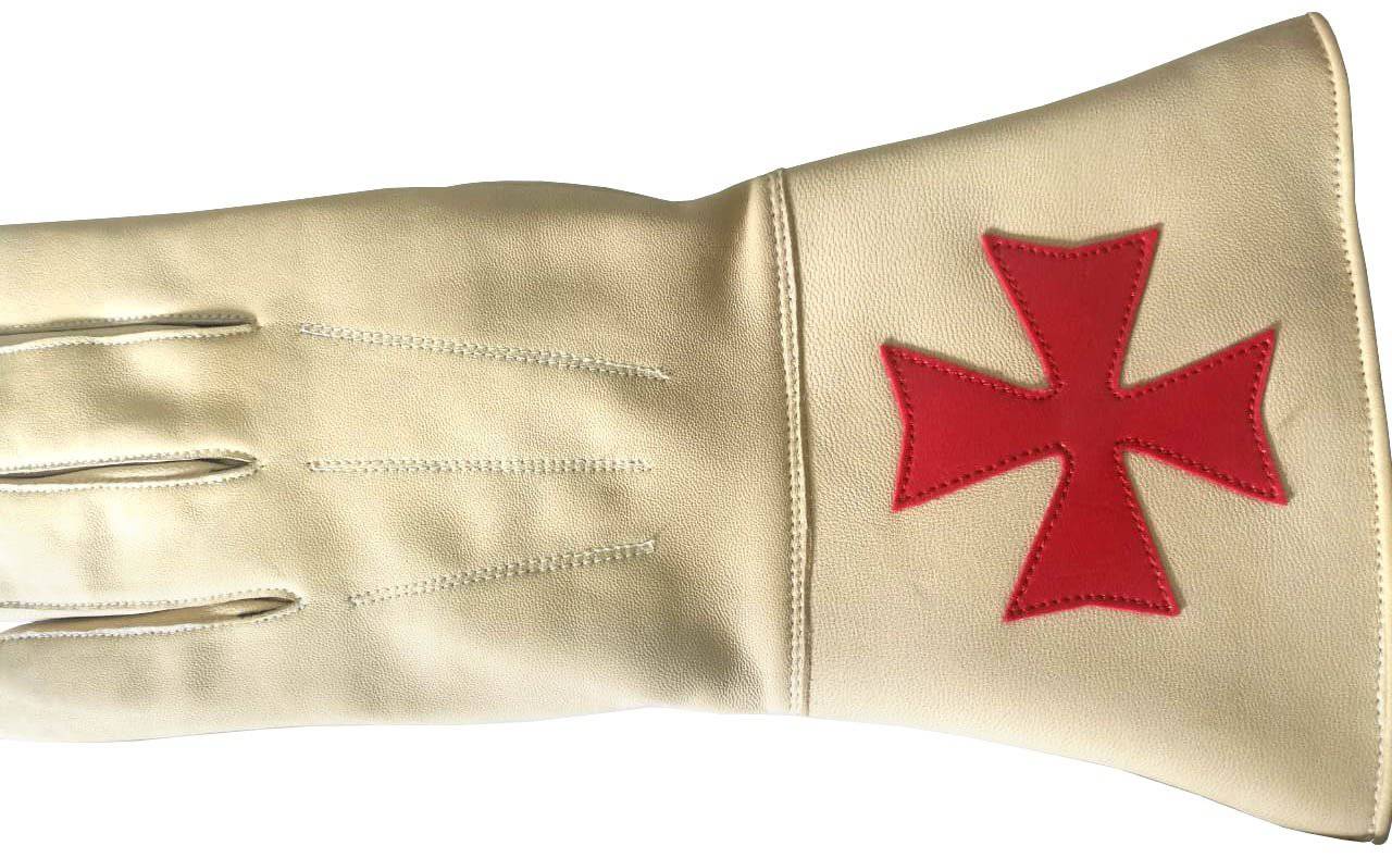Knights Templar Gauntlet - Buff Leather with Red Maltese Cross - Bricks Masons