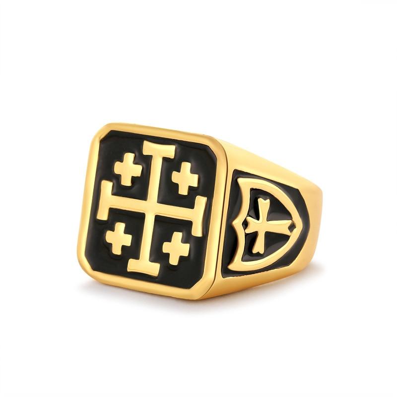 Knights Templar Ring - Jerusalem Cross Gold - Bricks Masons