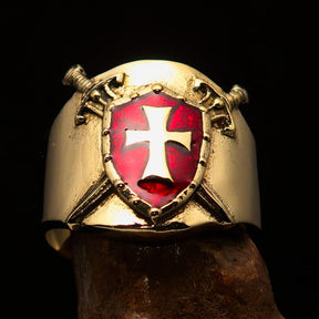 Knights Templar Ring - Red & Gold Shield Solid Brass - Bricks Masons