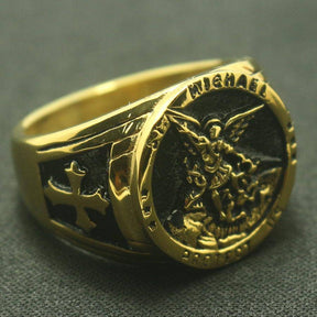 Knights Templar Ring - St. Michael Protect Us Golden - Bricks Masons