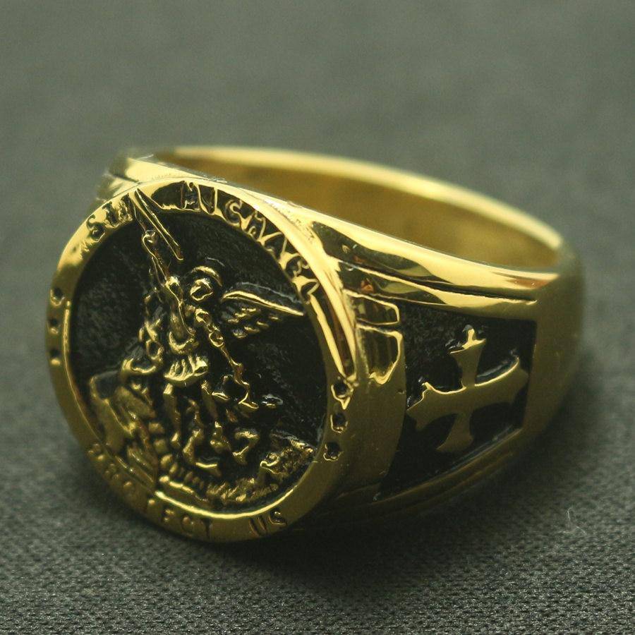 Knights Templar Ring - St. Michael Protect Us Golden - Bricks Masons