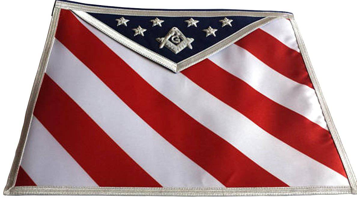 Master Mason Blue Lodge Apron - USA Flag White, Red & Blue Hand Embroidery - Bricks Masons