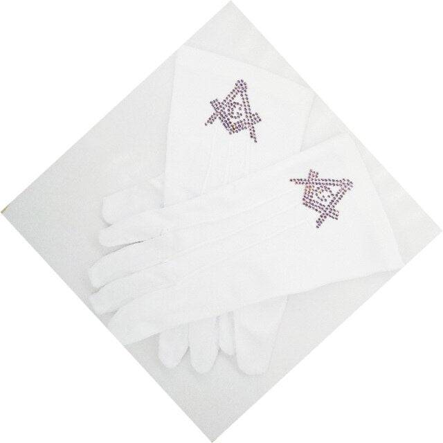 Master Mason Blue Lodge Gloves - Polyester With Square and Compass G Rhinestone - Bricks Masons