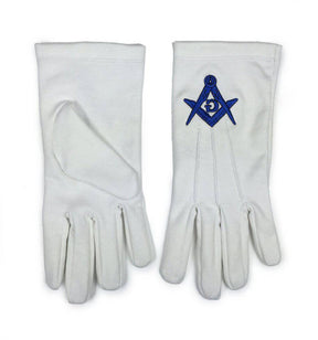 Master Mason Blue Lodge Gloves - White Cotton Machine Embroidery - Bricks Masons