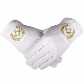 Master Mason Blue Lodge Gloves - White Cotton with Gold Square & Compass - Bricks Masons