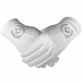 Master Mason Blue Lodge Gloves - White Cotton with Silver Square & Compass - Bricks Masons