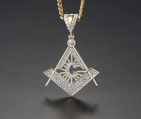Master Mason Blue Lodge Necklace - Gold & White Copper Zircon With Rhinestones - Bricks Masons