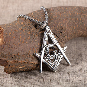Master Mason Blue Lodge Necklace - Silver Titanium Steel Square & Compass G - Bricks Masons