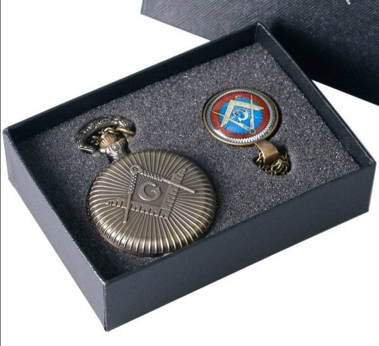 Master Mason Blue Lodge Pocket Watch - Antique Square and Compass G Bronze Quartz - Bricks Masons