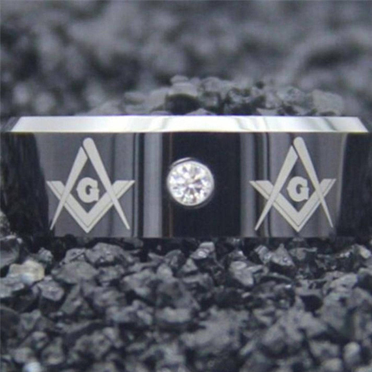 Master Mason Blue Lodge Ring - Black Silver Bevel With CZ Stone - Bricks Masons