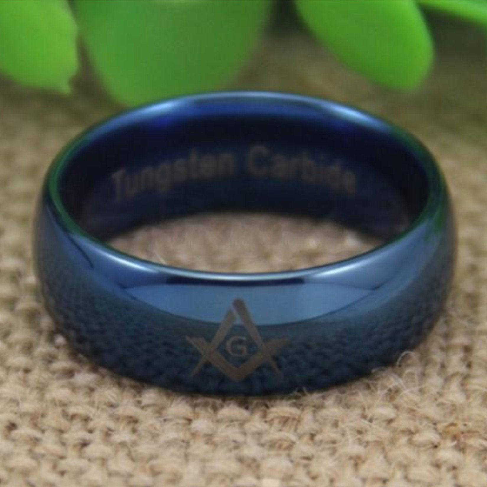 Master Mason Blue Lodge Ring - Blue Dome Tungsten Personalizable - Bricks Masons