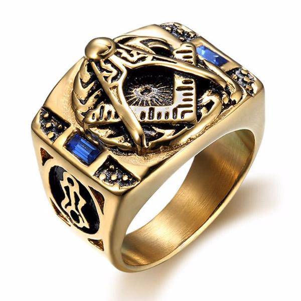 Master Mason Blue Lodge Ring - Gold & Blue Crystal - Bricks Masons