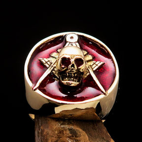 Master Mason Blue Lodge Ring - Gold & Red Brass With Skull Square and Compass - Bricks Masons