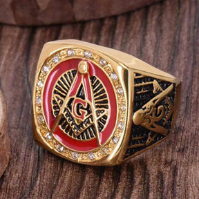 Master Mason Blue Lodge Ring - Golden Red Compass and Square G - Bricks Masons