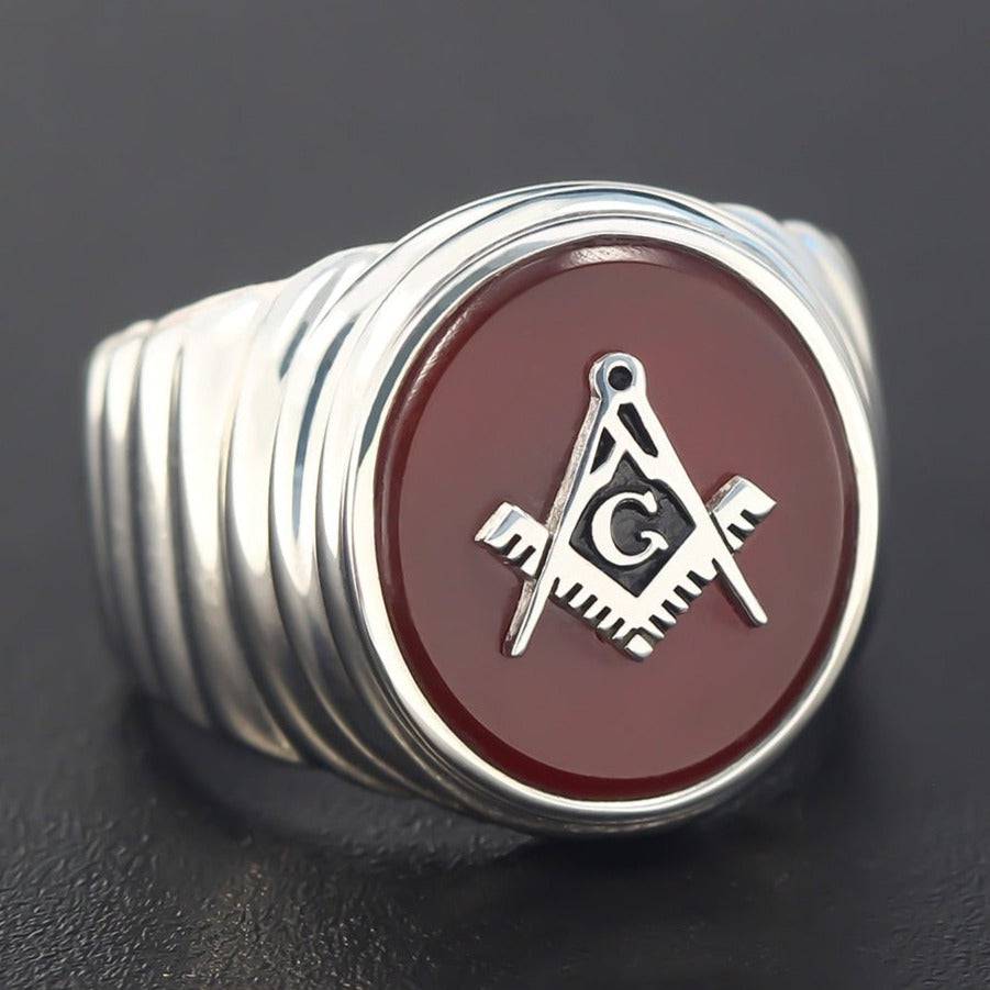 Master Mason Blue Lodge Ring - Square &amp; Compass G Oval Head Sterling Silver - Bricks Masons