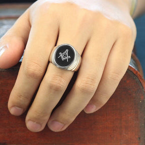 Master Mason Blue Lodge Ring - Square &amp; Compass G Oval Head Sterling Silver - Bricks Masons