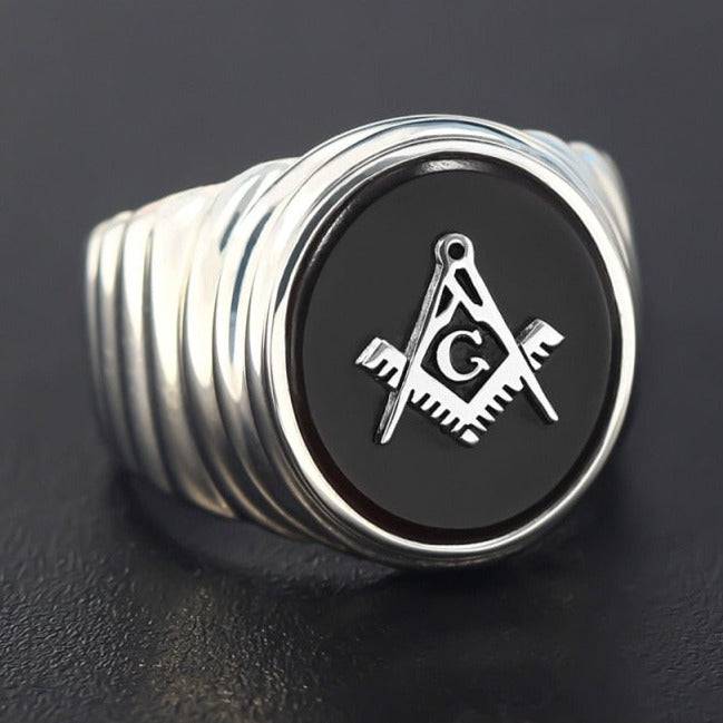 Master Mason Blue Lodge Ring - Square &amp; Compass G Oval Head Sterling Silver - Bricks Masons