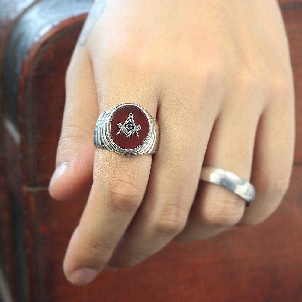 Master Mason Blue Lodge Ring - Square &amp; Compass G Oval Head Sterling Silver - Bricks Masons