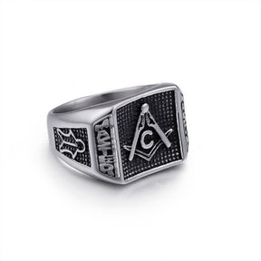 Master Mason Blue Lodge Ring - Stainless Steel Silver Mason Square & Compass G - Bricks Masons