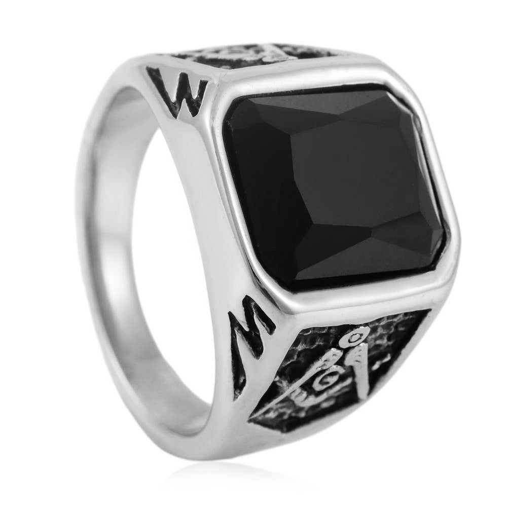 Master Mason Blue Lodge Ring - Titanium Steel Black Large Stone Square & Compass G - Bricks Masons