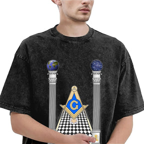 Master Mason Blue Lodge T-Shirt - Square & Compass With Pillars - Bricks Masons