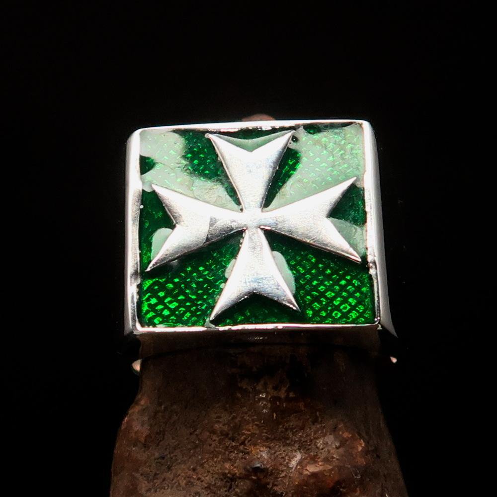 Order of Malta Ring - Green & Silver Cross Sterling Silver - Bricks Masons