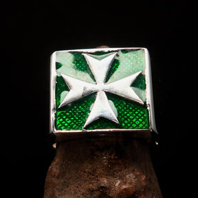 Order of Malta Ring - Green & Silver Cross Sterling Silver - Bricks Masons