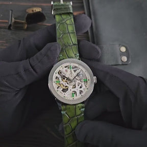 Master Mason Blue Lodge Wristwatch - Silver Skeleton & Green Leather Strap