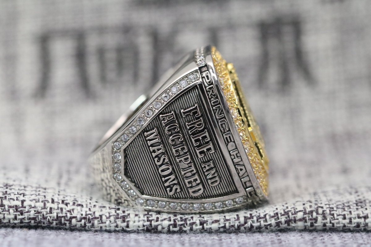 Master Mason Blue Lodge Ring - Prince Hall Gold Face With Rhinestones - Bricks Masons