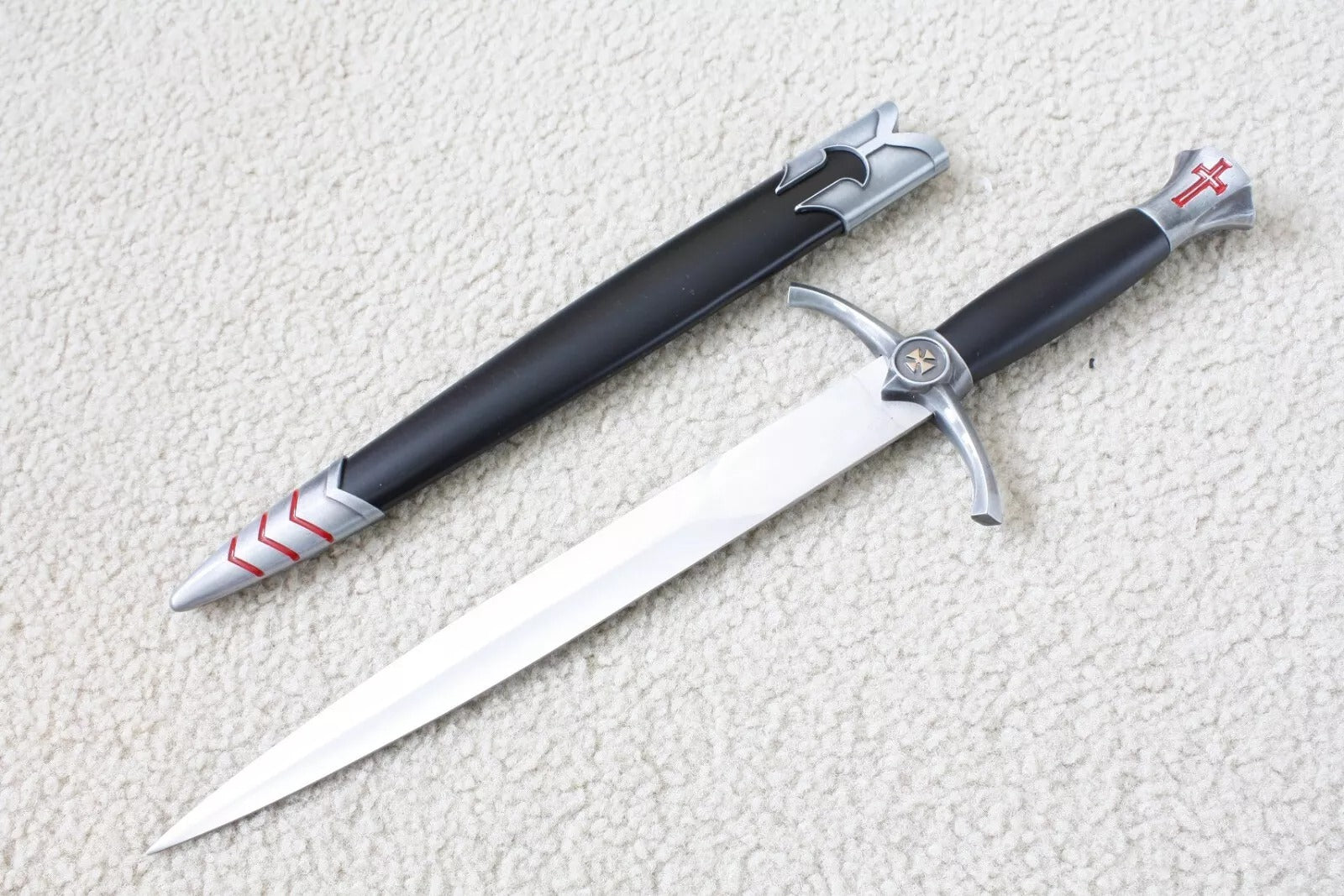 Knights Templar Sword - Silver Medieval Red Cross Crusader With Black Scabbard (15.4") - Bricks Masons