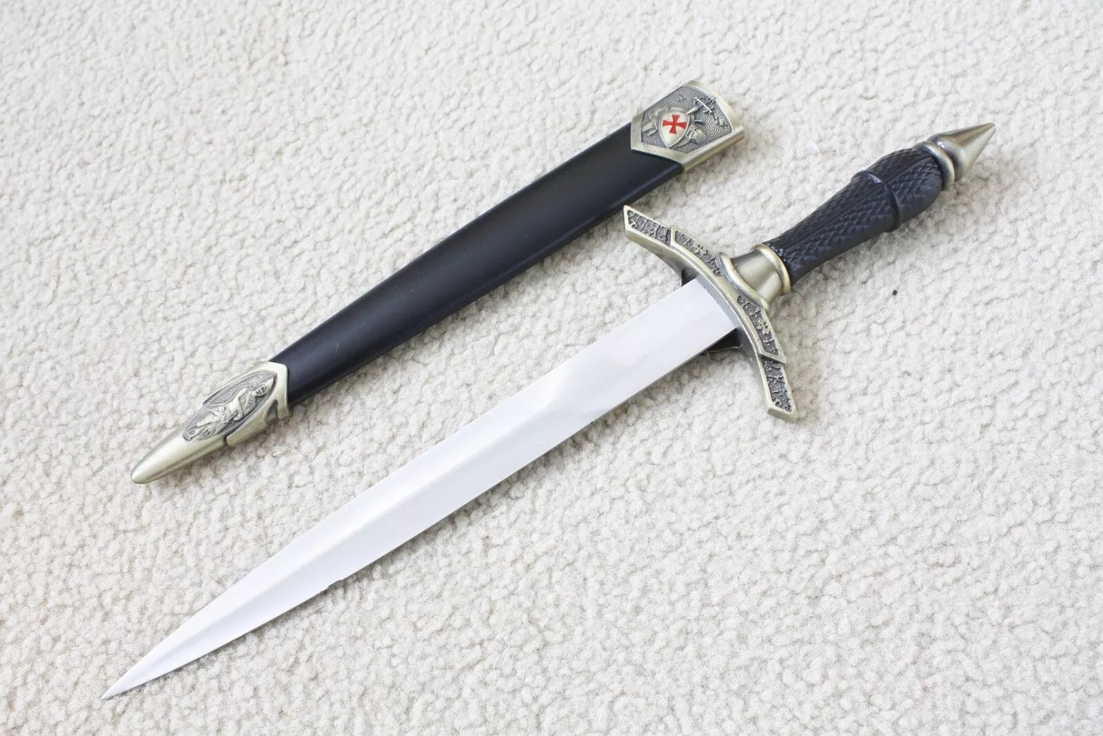 Knights Templar Sword - Brass Red Cross Crusader Shield With Black Scabbard (15.6") - Bricks Masons