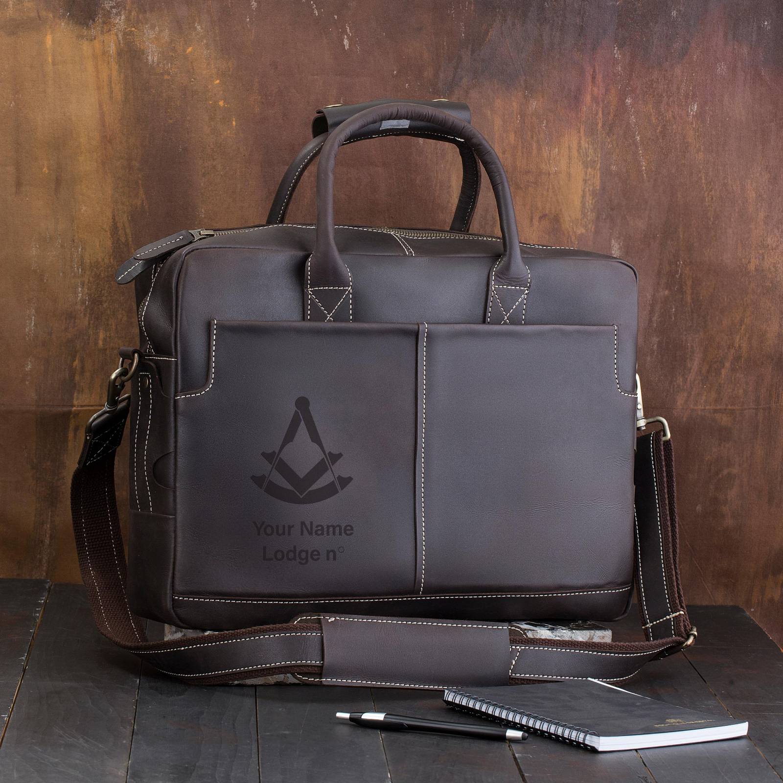 Past Master Blue Lodge Briefcase - Matte Brown Leather - Bricks Masons