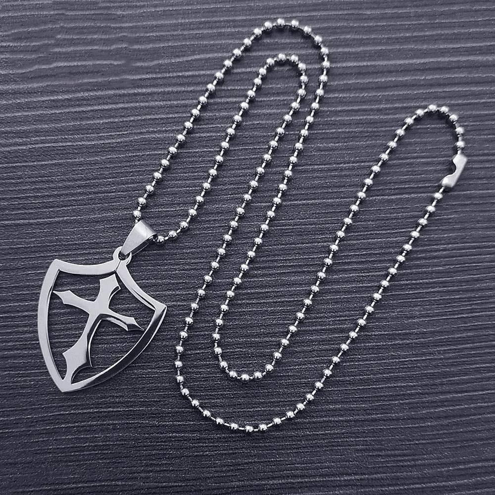 Knights Templar Commandery Necklace - Silver Stainless Steel Cross Shield - Bricks Masons