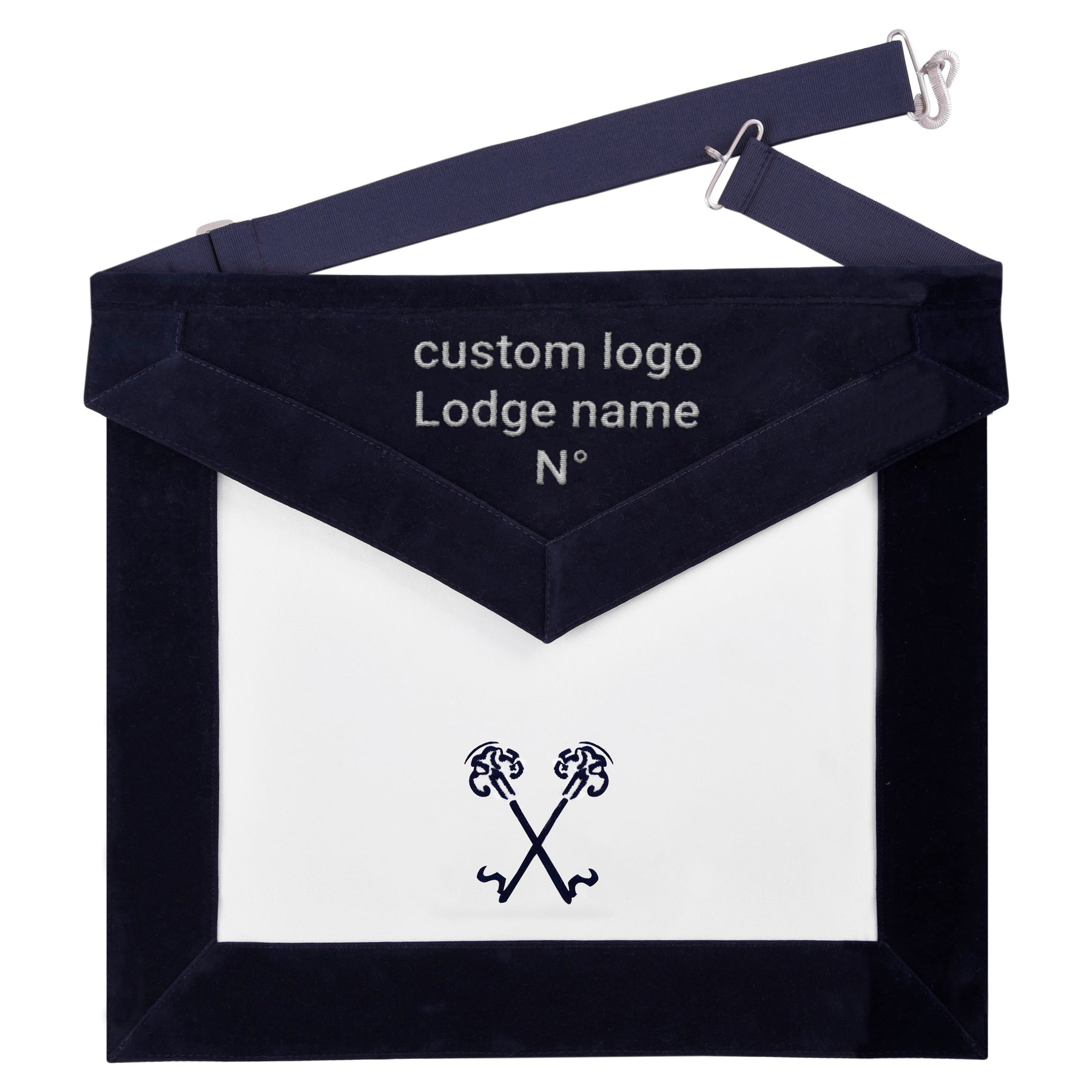 Treasurer Blue Lodge Officer Apron -  Navy Velvet With Silver Embroidery Thread - Bricks Masons