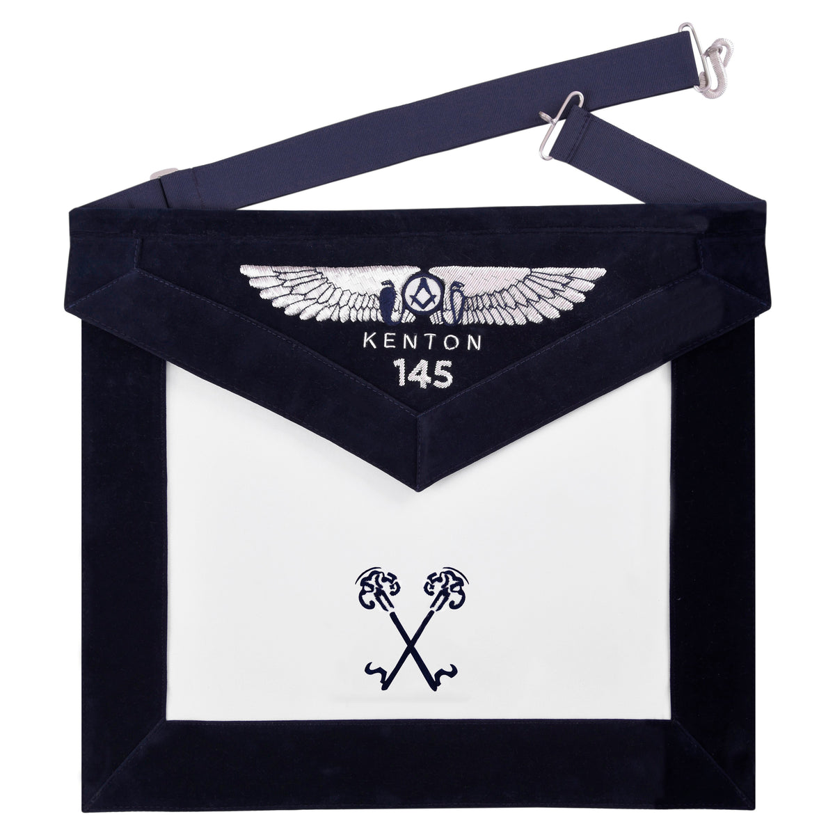 Treasurer Blue Lodge Officer Apron - Kenton Lodge Navy Velvet With Silver Embroidery Thread - Bricks Masons