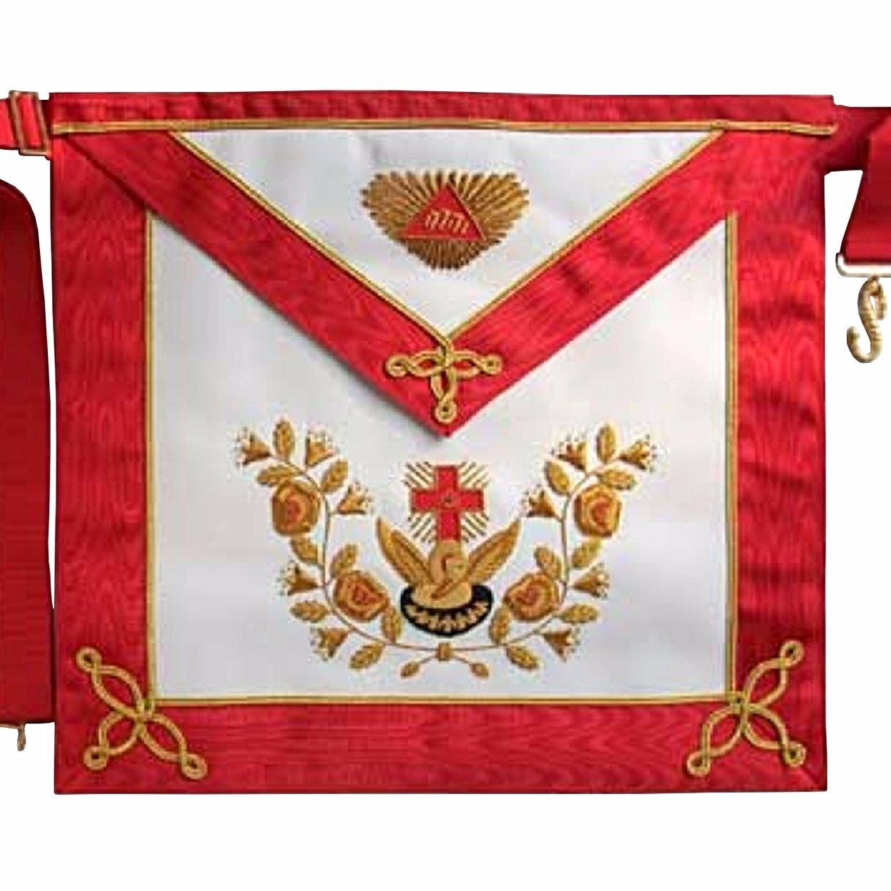 18th Degree Scottish Rite Apron - White & Red Moire Gold Hand Embroidery - Bricks Masons
