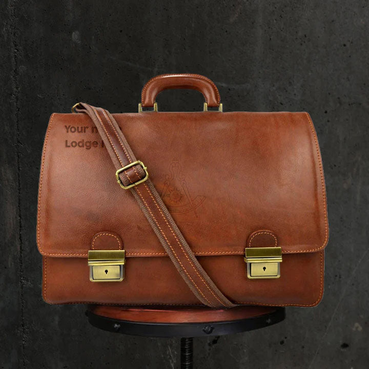 Past Master Blue Lodge California Regulation Briefcase - Genuine Brown Leather - Bricks Masons