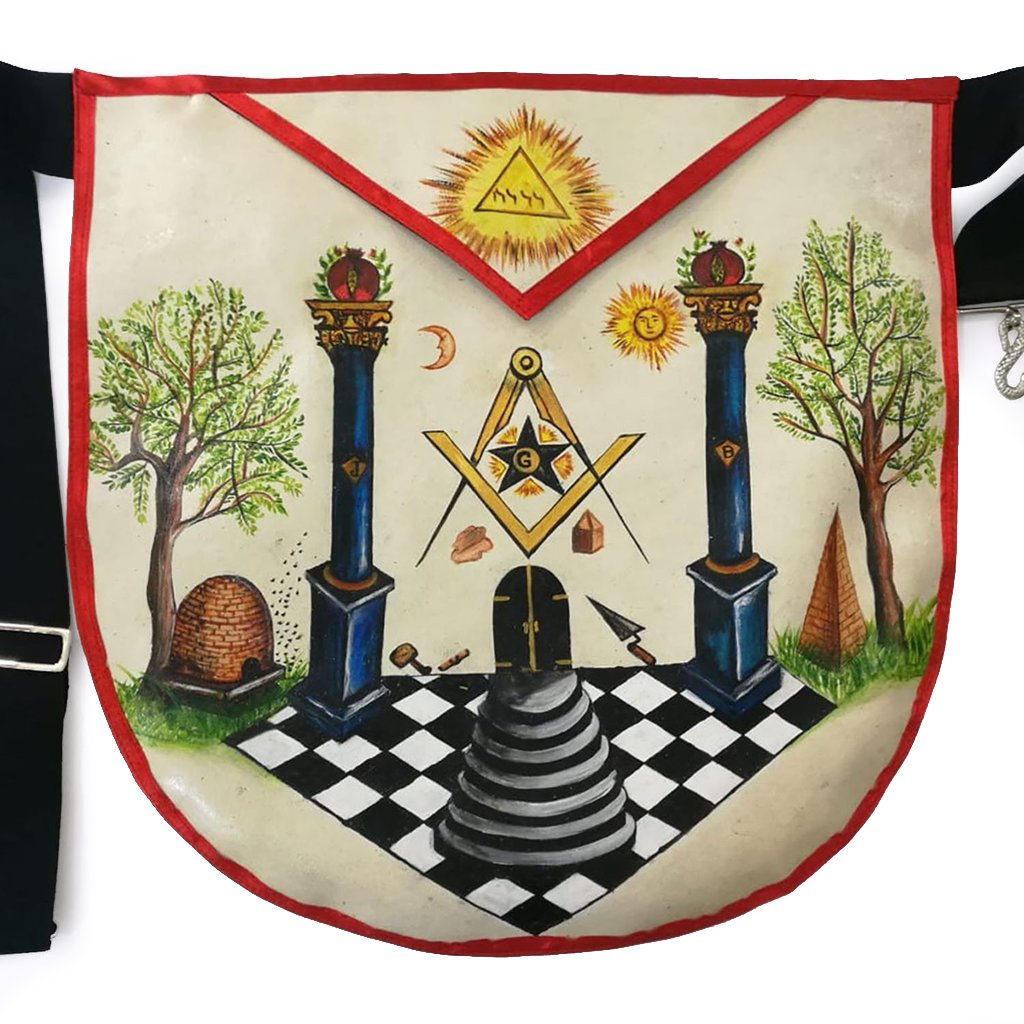 Hand-Painted Apron - Lambskin The Two Pillars of Jachin and Boaz - Bricks Masons