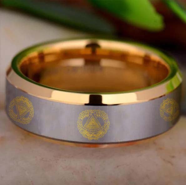 Grand Master Blue Lodge  Ring - Gold Beveled Tungsten - Bricks Masons