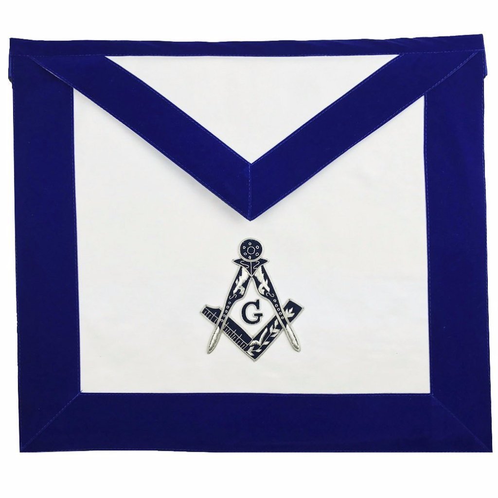 Master Mason Blue Lodge Apron - Blue Velvet with Silver Hand Embroidery - Bricks Masons