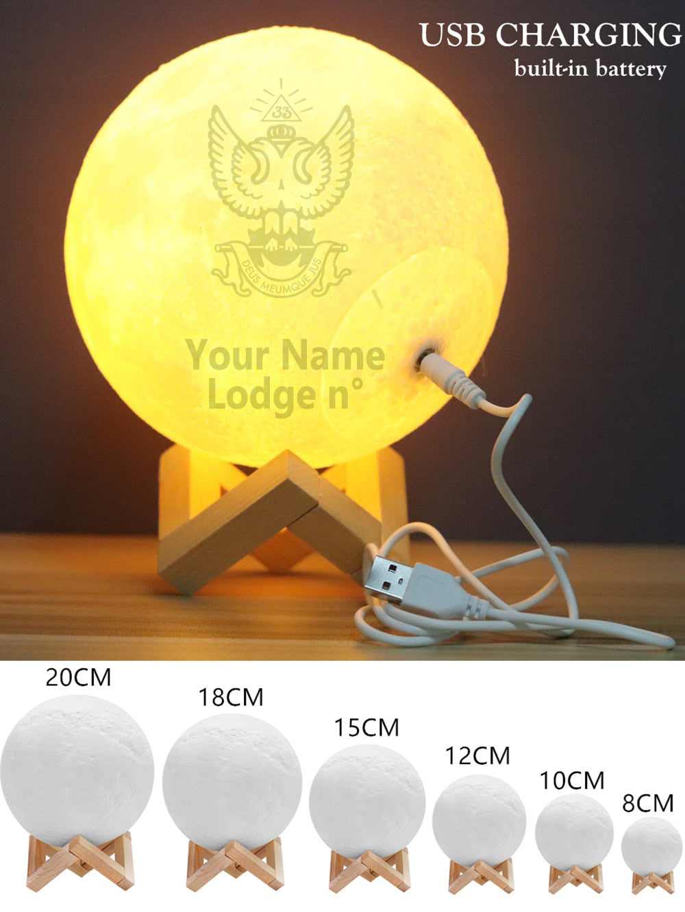 33rd Degree Scottish Rite Lamp - Wings Up 3D Moon Various Colors - Bricks Masons