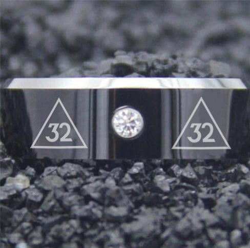 32nd Degree Scottish Rite Ring - Black Silver Bevel With CZ Stone - Bricks Masons