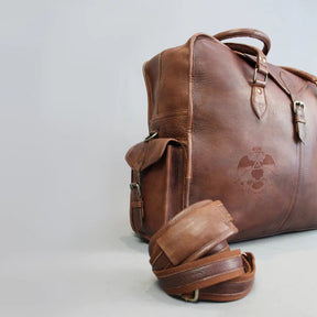 33rd Degree Scottish Rite Travel Bag - Wings Down Genuine Brown Leather - Bricks Masons