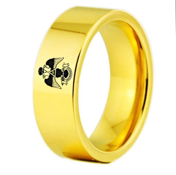 33rd Degree Scottish Rite Ring - Wings Down Gold Color Pipe Cut Tungsten - Bricks Masons