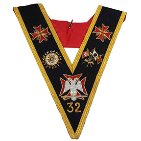 32nd Degree Scottish Rite Collar - Black with Gold and Silver Heavy Embroidery - Bricks Masons
