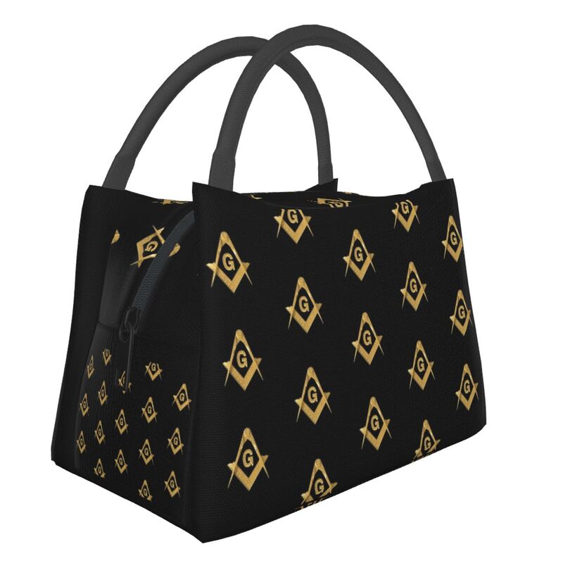 Master Mason Blue Lodge Lunch Bag - Golden Black Square and Compass G Thermal Insulated