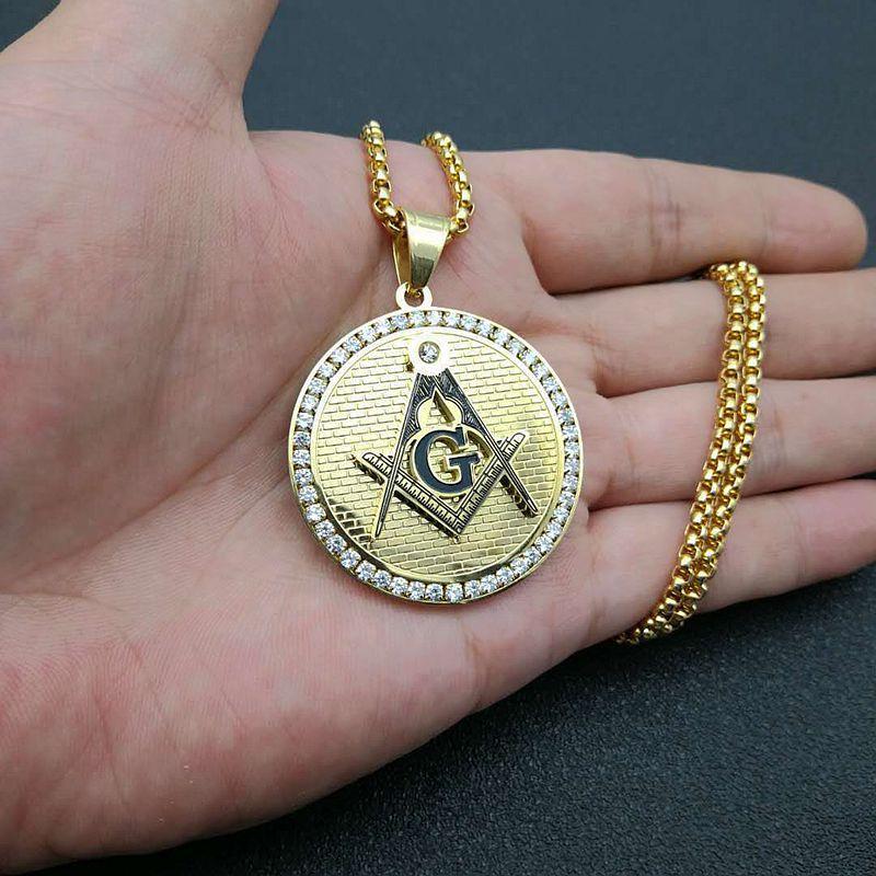 Master Mason Blue Lodge Necklace - Round Zirconia Square and Compass G (Gold & Silver) - Bricks Masons