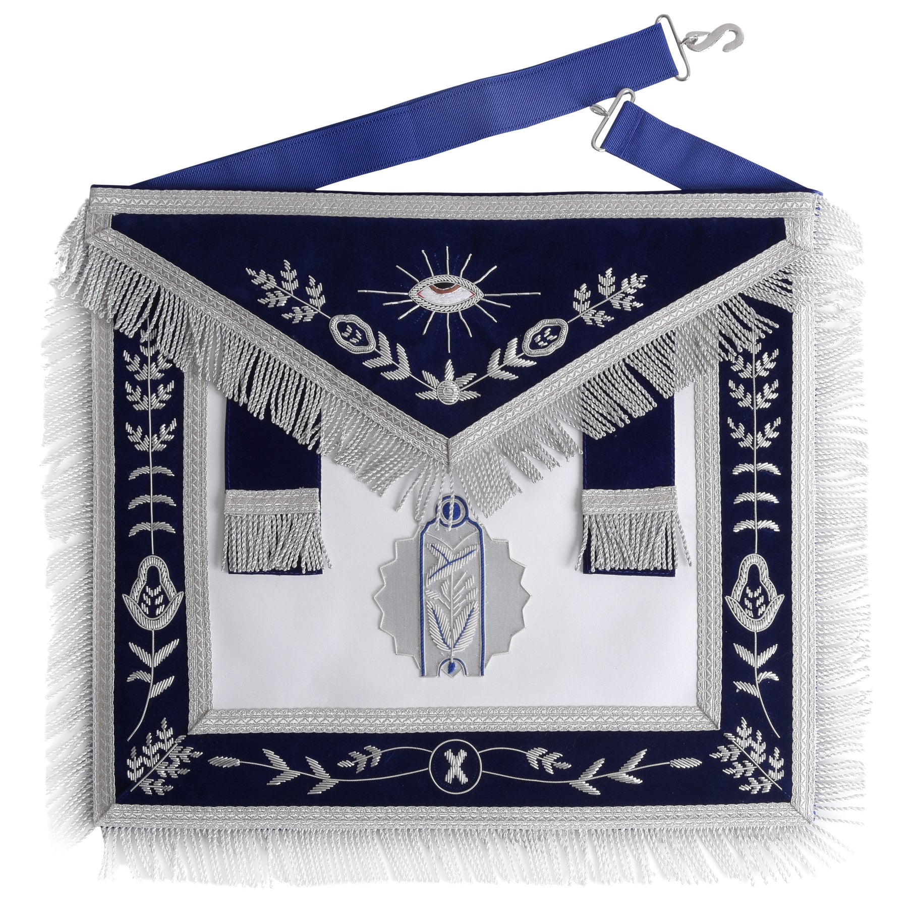 Junior Warden Blue Lodge Officer Apron - Navy Blue Velvet With Fringe - Bricks Masons