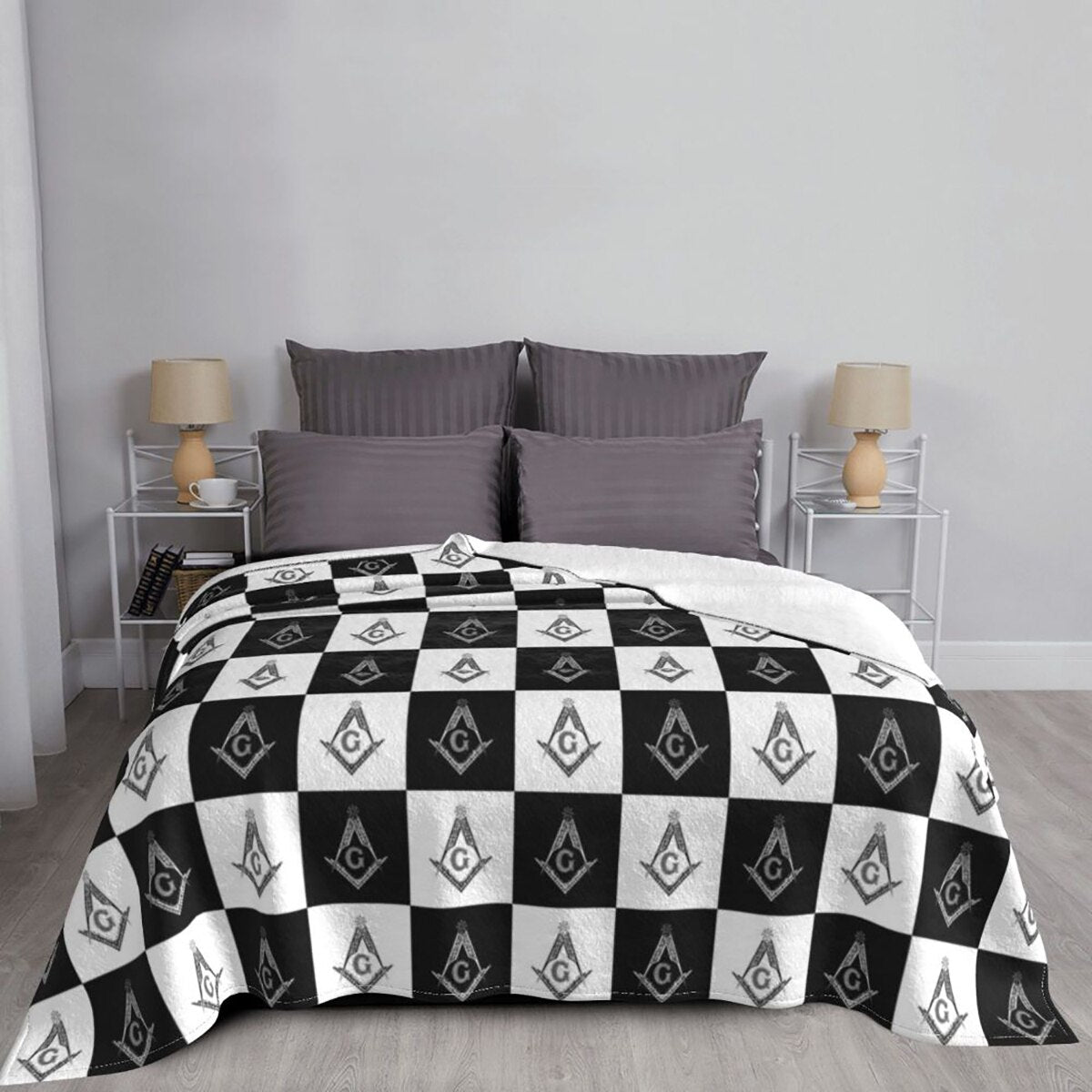 Master Mason Blue Lodge Blanket - Checkered Square and Compass G Coral Fleece - Bricks Masons