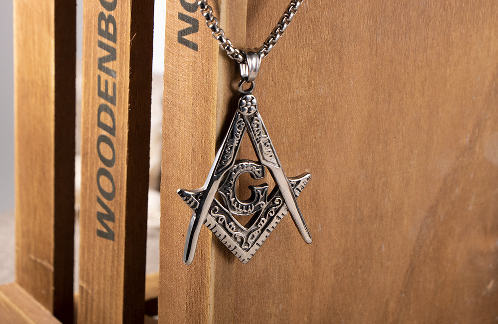 Master Mason Blue Lodge Necklace - Silver Titanium Steel Square & Compass G - Bricks Masons
